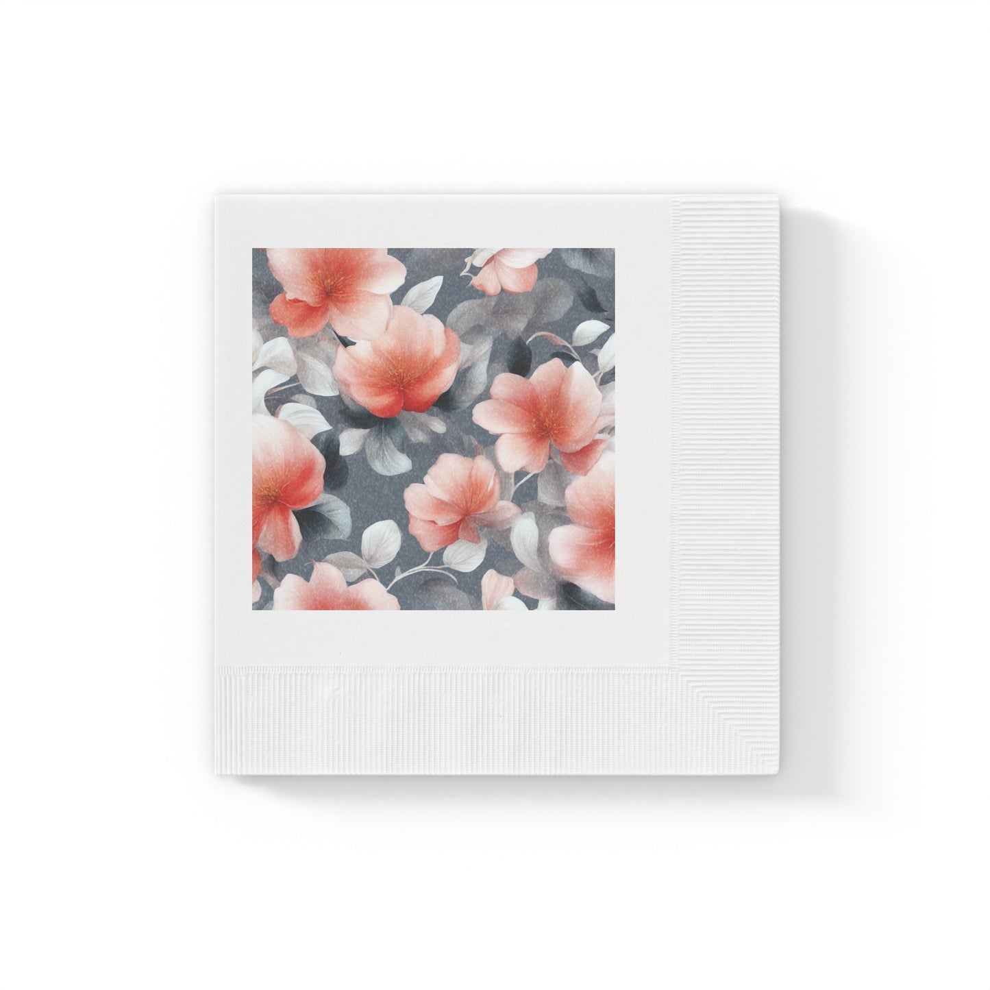 Red Blossom Floral Bunch White Coined Napkins, 4.8" x 4.8"
