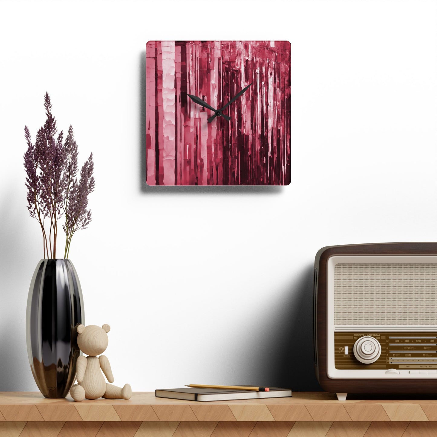 Striped Ruby Acrylic Wall Clock, Round or Square, 10.75" x 10.75"