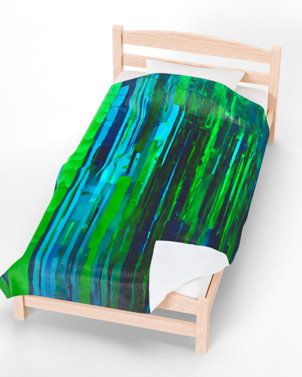Striped Blue Green Velveteen Plush Blanket, 60" x 80"
