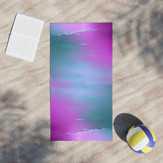 Dark Blue Green Sea Purple Fog Beach Towel, 24" x 44"