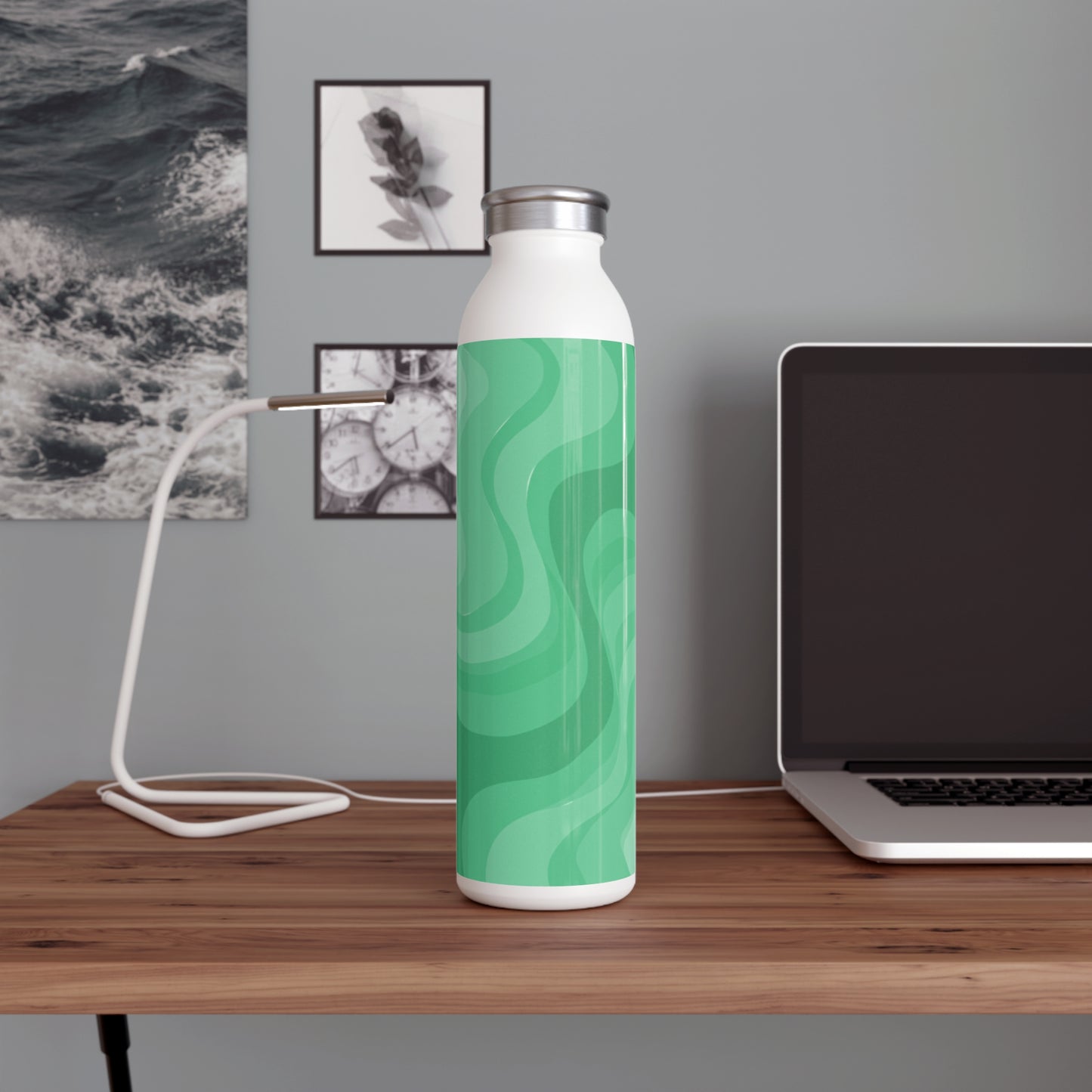 Mint Green Wavey Slim Water Bottle, 20 oz White