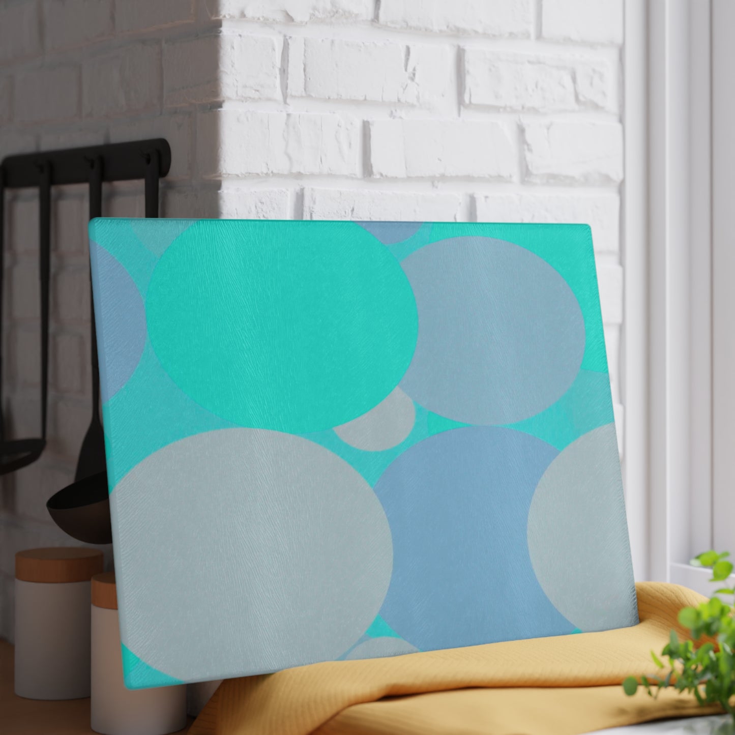Pastel Tan and Tif Patches 11" x 15" Glass Cutting Board