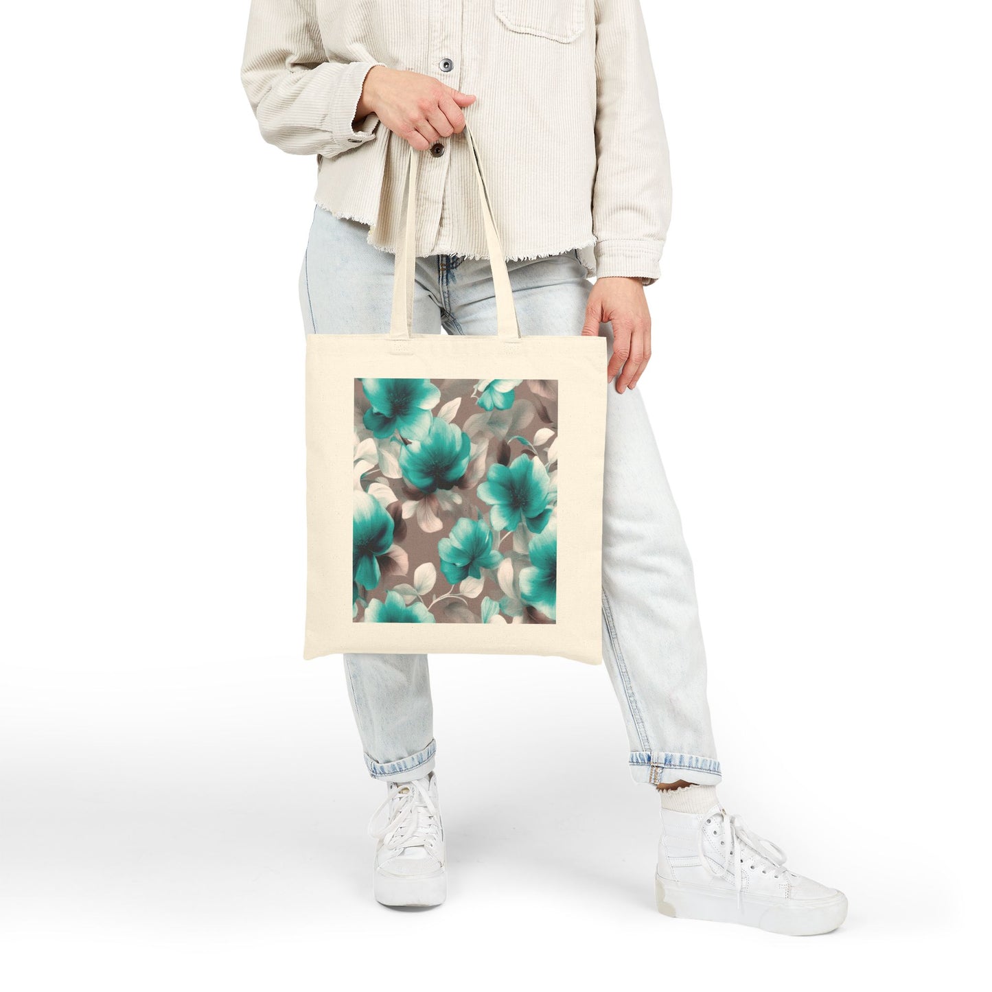 Tif Green Gray Floral Bunch Cotton Canvas Tote Bag