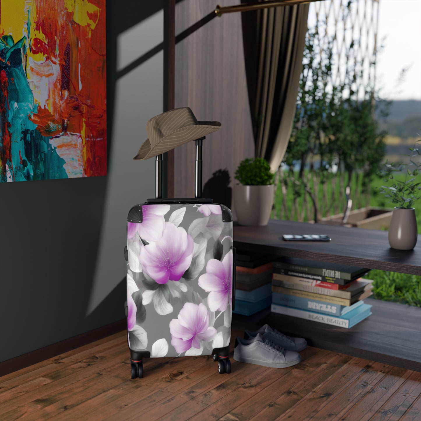 Purple Blossom Floral Bunch Small Suitcase with built in lock, 4 double-wheels, telescopic handle, and ABS back hard-shell
