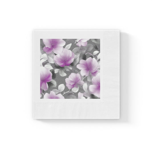 Purple Blossom Floral Bunch White Coined Napkins, 6.5" x 6.5"
