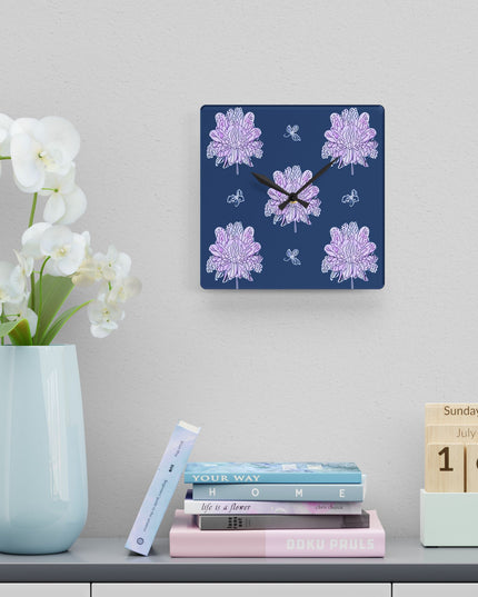 Purple White Floral Butterflies Acrylic Wall Clock, Round or Square, 10.75" x 10.75"