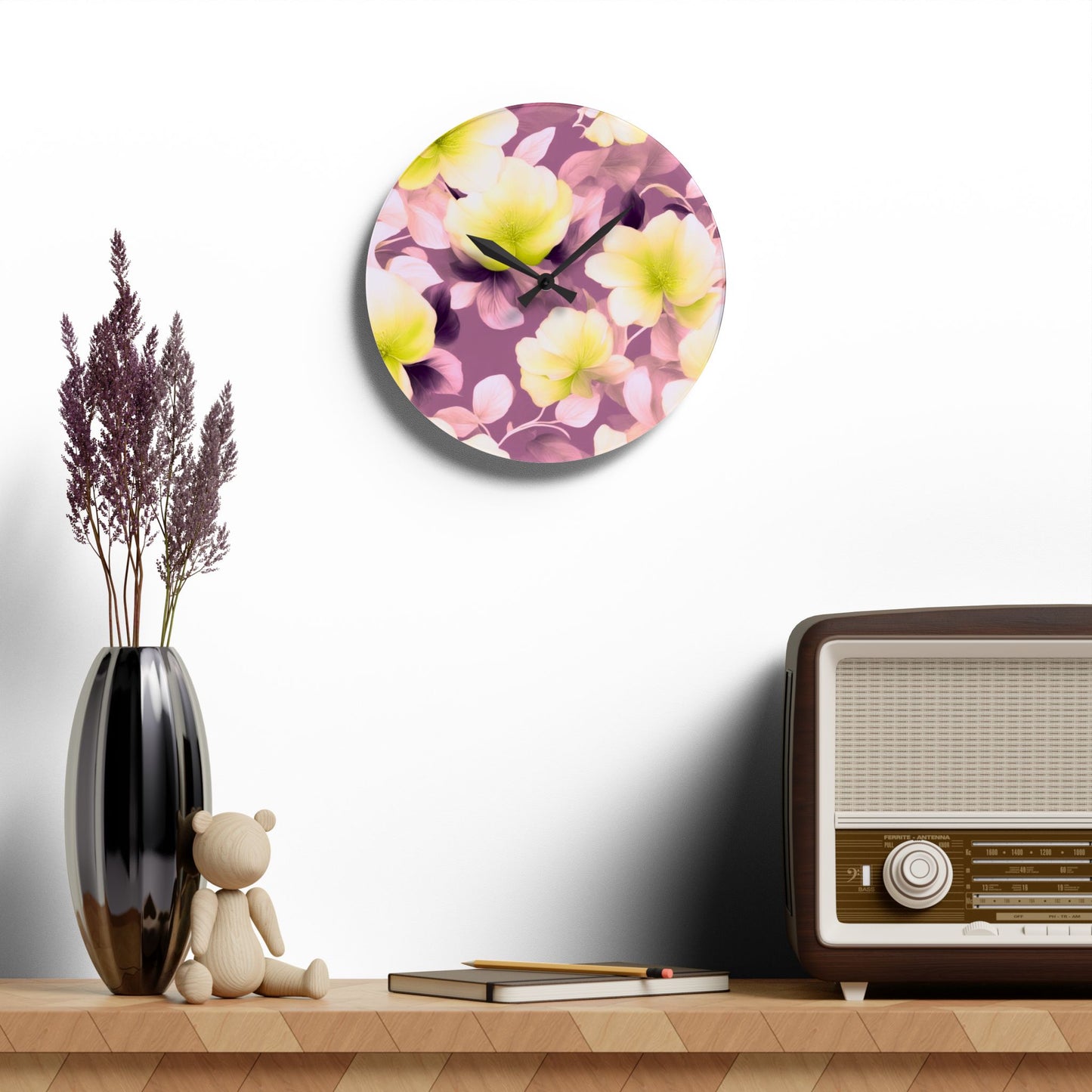 Lemon Blossom Floral Bunch Acrylic Wall Clock, Round or Square, 10.75" x 10.75"