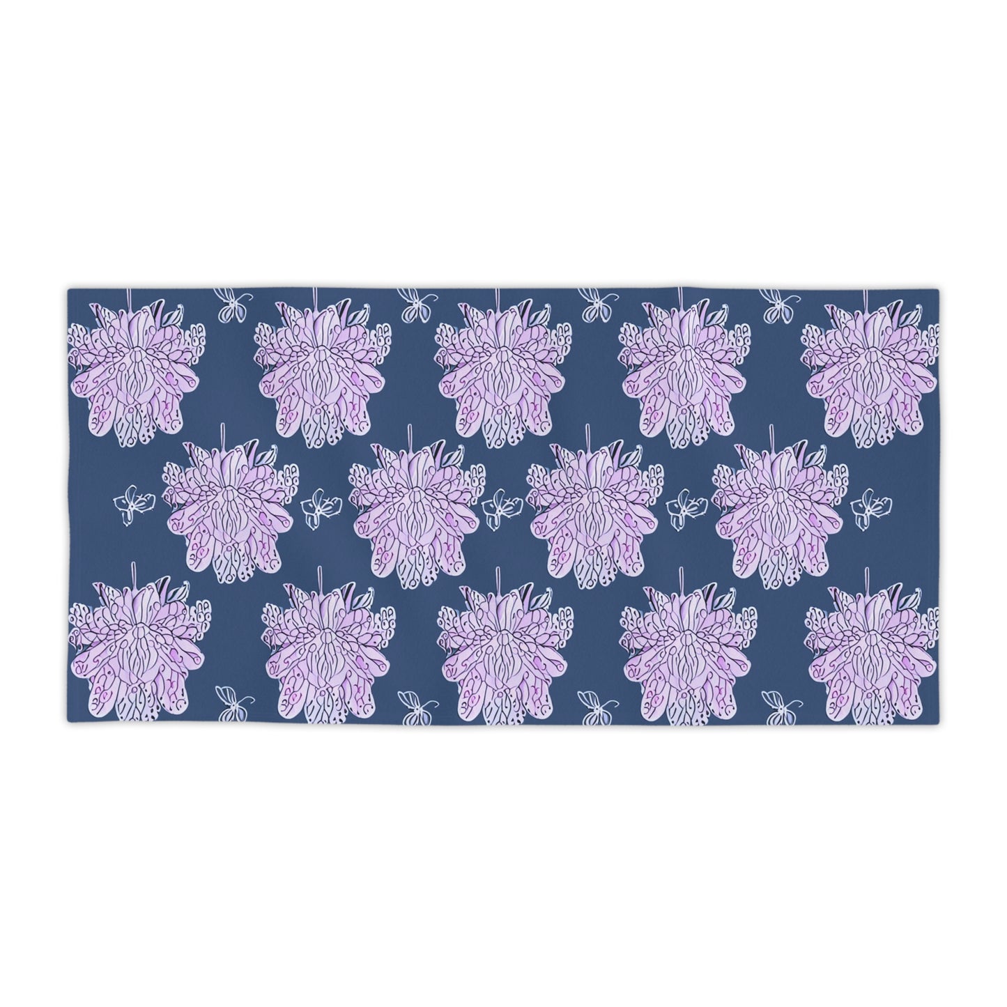 Purple White Floral Butterflies Beach Towel, 30" x 60"