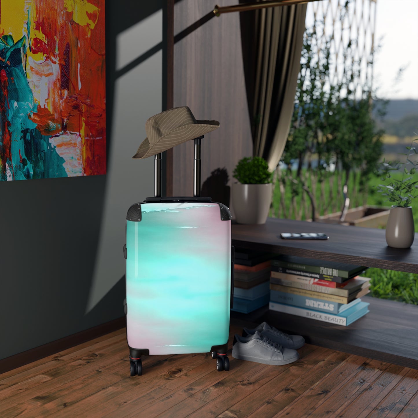 Green Sea Lavender Fog Small Suitcase with built in lock, 4 double-wheels, telescopic handle, and ABS back hard-shell