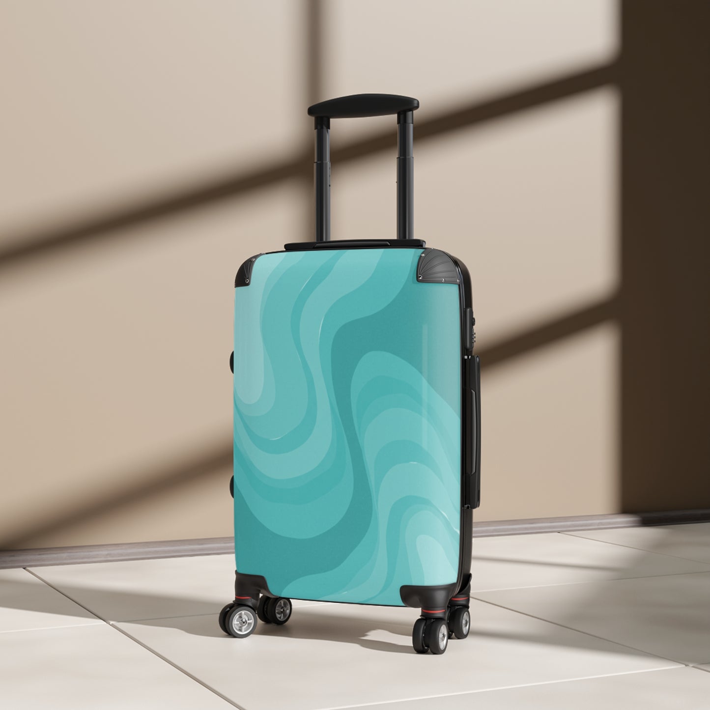 Tif Green Wavey Small Suitcase with built in lock, 4 double-wheels, telescopic handle, and ABS back hard-shell