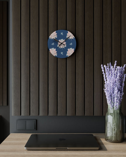 Rose White Floral Butterflies Acrylic Round Wall Clock, 8" x 8"