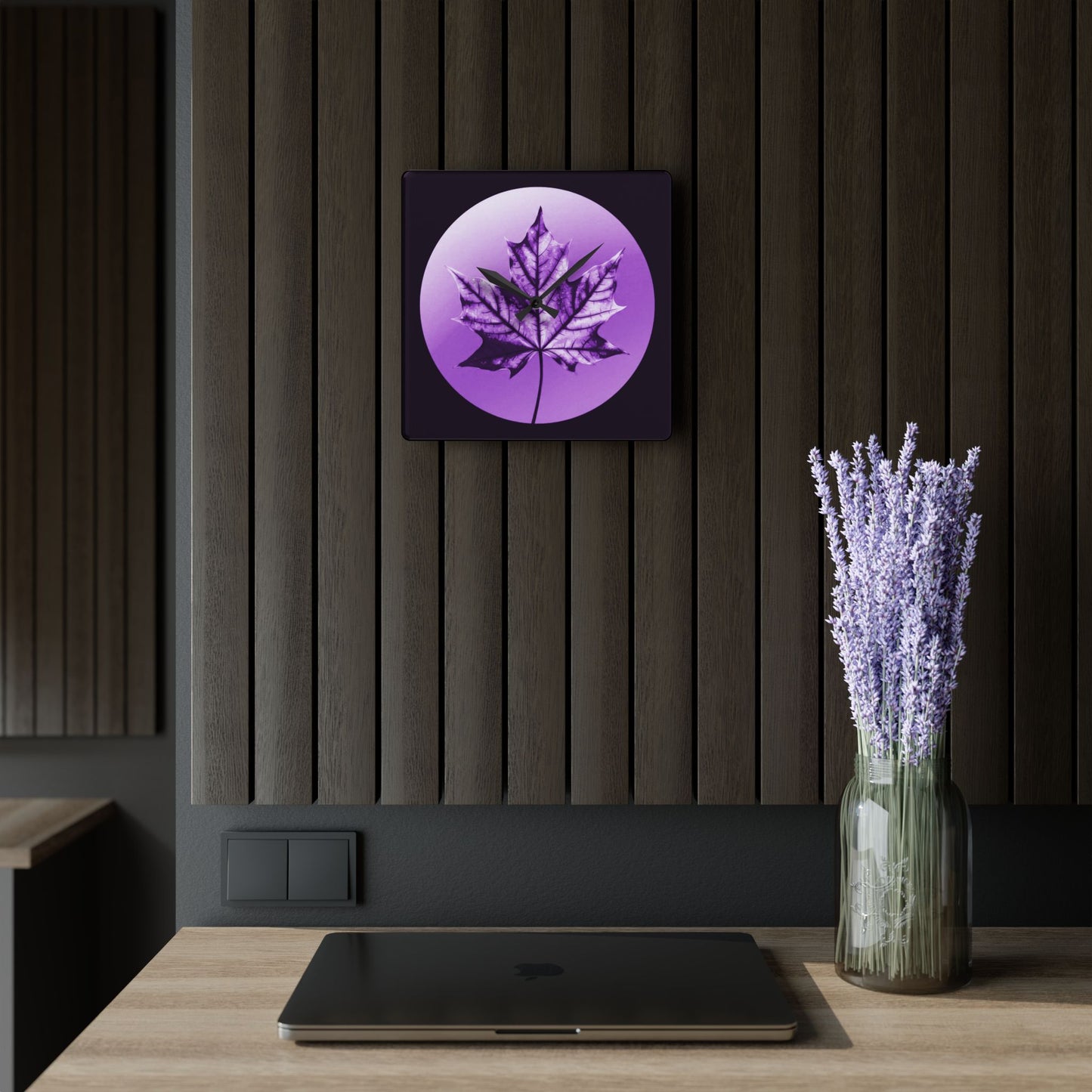 Purple Maple Leaf Acrylic Wall Clock, Round or Square, 10.75" x 10.75"