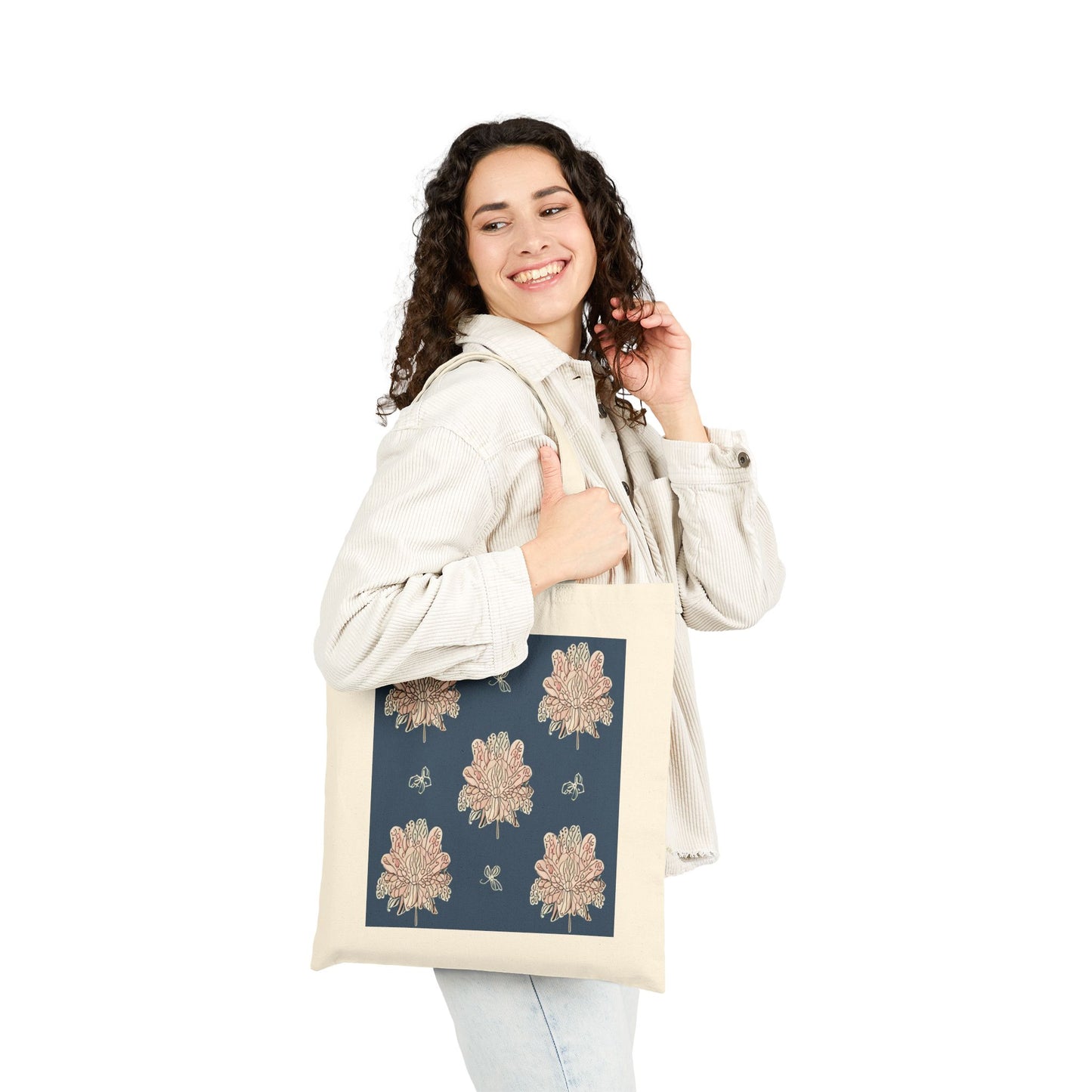 Rose White Floral Butterflies Cotton Canvas Tote Bag