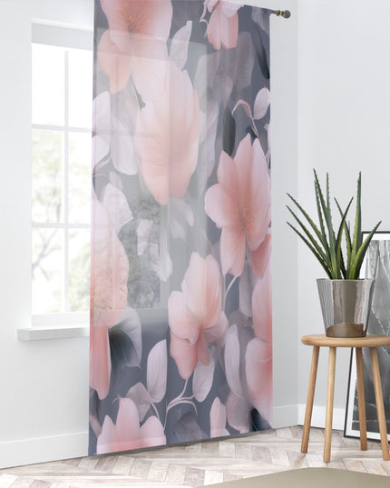 Peach and Blue Gray Floral Bunch Sheer Window Curtain, 50" x 84", partially transparent