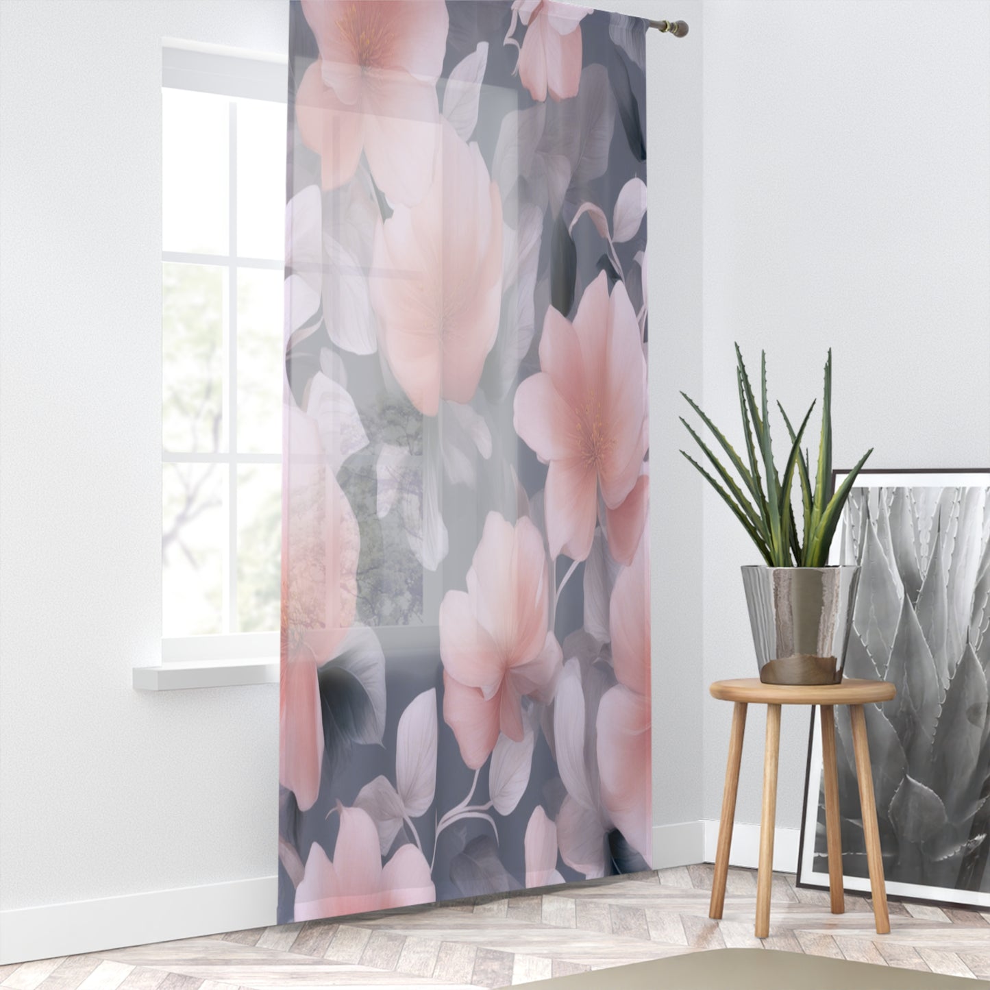 Peach and Blue Gray Floral Bunch Sheer Window Curtain, 50" x 84", partially transparent