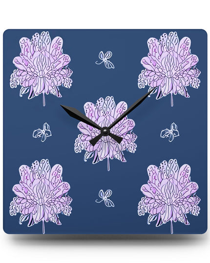 Purple White Floral Butterflies Acrylic Wall Clock, Round or Square, 10.75" x 10.75"