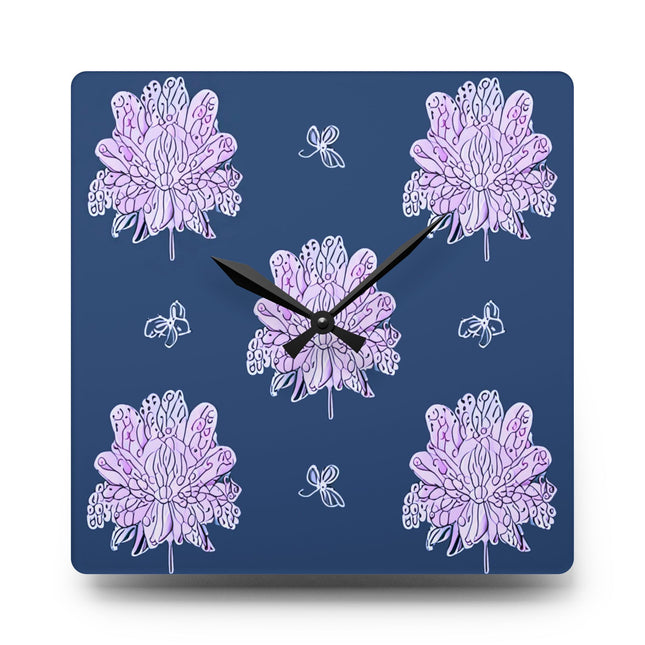 Purple White Floral Butterflies Acrylic Wall Clock, Round or Square, 10.75" x 10.75"