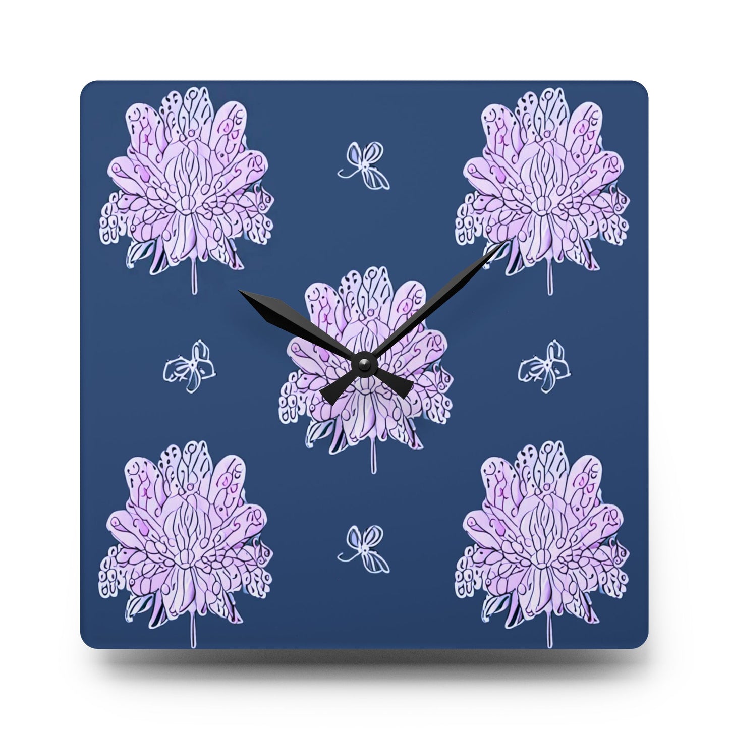 Purple White Floral Butterflies Acrylic Wall Clock, Round or Square, 10.75" x 10.75"