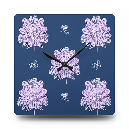 Purple White Floral Butterflies Acrylic Wall Clock, Round or Square, 10.75" x 10.75"