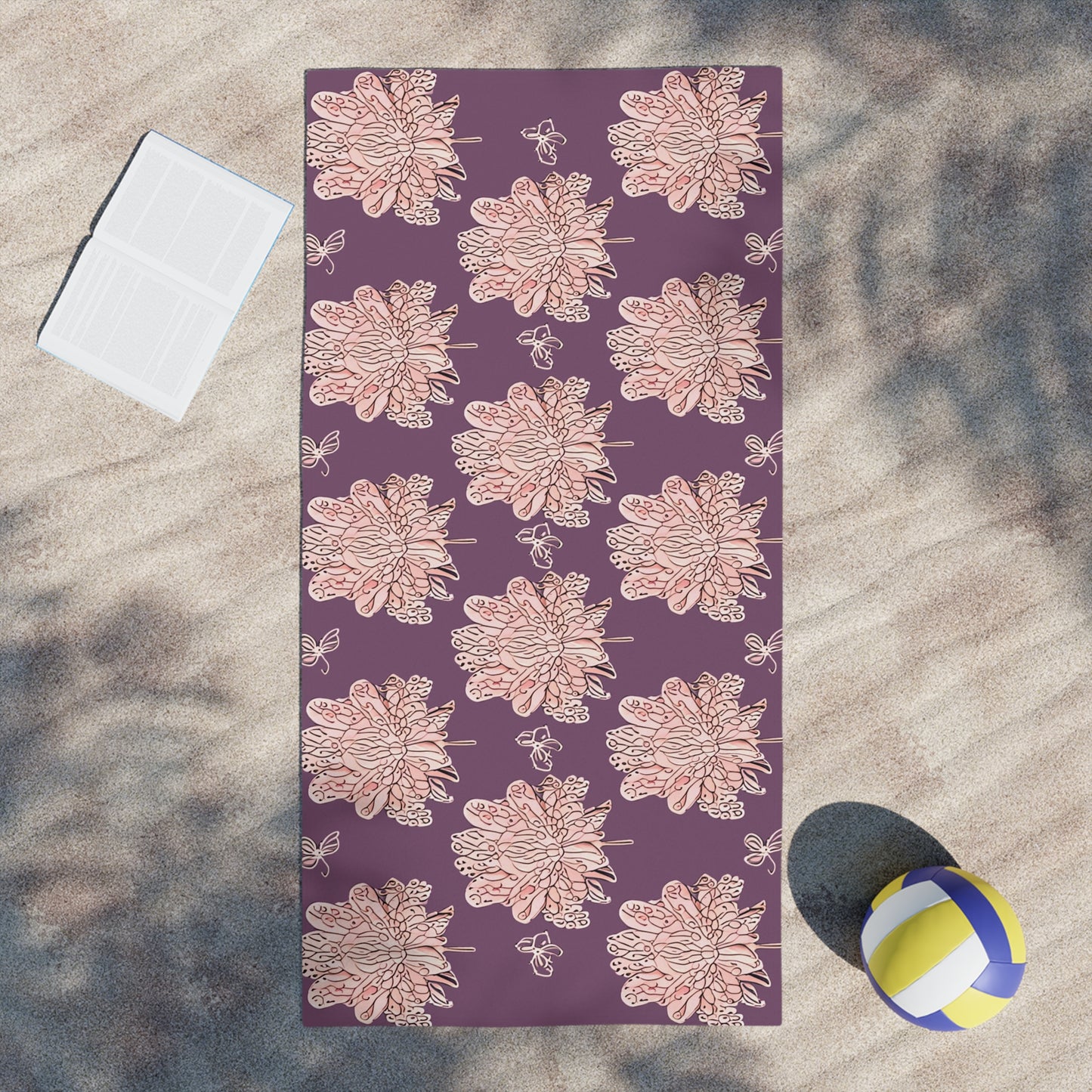 Pink Floral Butterflies Beach Towel, 30" x 60"