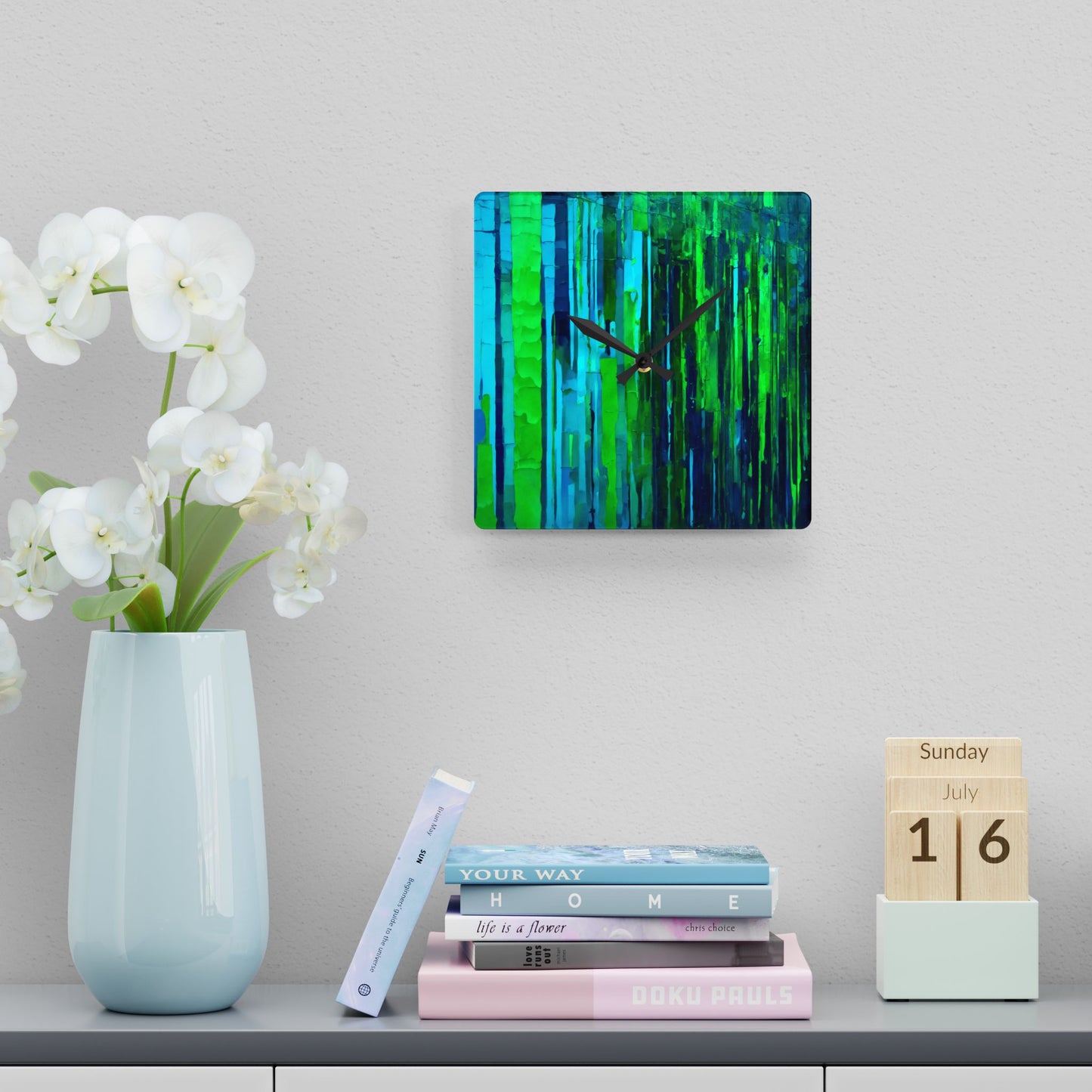 Striped Blue Green Acrylic Wall Clock, Round or Square, 10.75" x 10.75"
