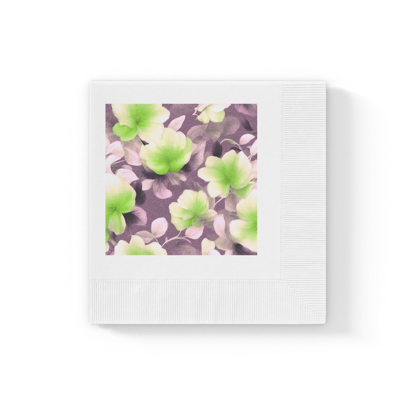 Lime Lavender Floral Bunch White Coined Napkins, 4.8" x 4.8"
