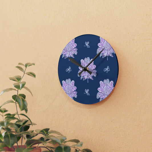 Purple White Floral Butterflies Acrylic Round Wall Clock, 8" x 8"