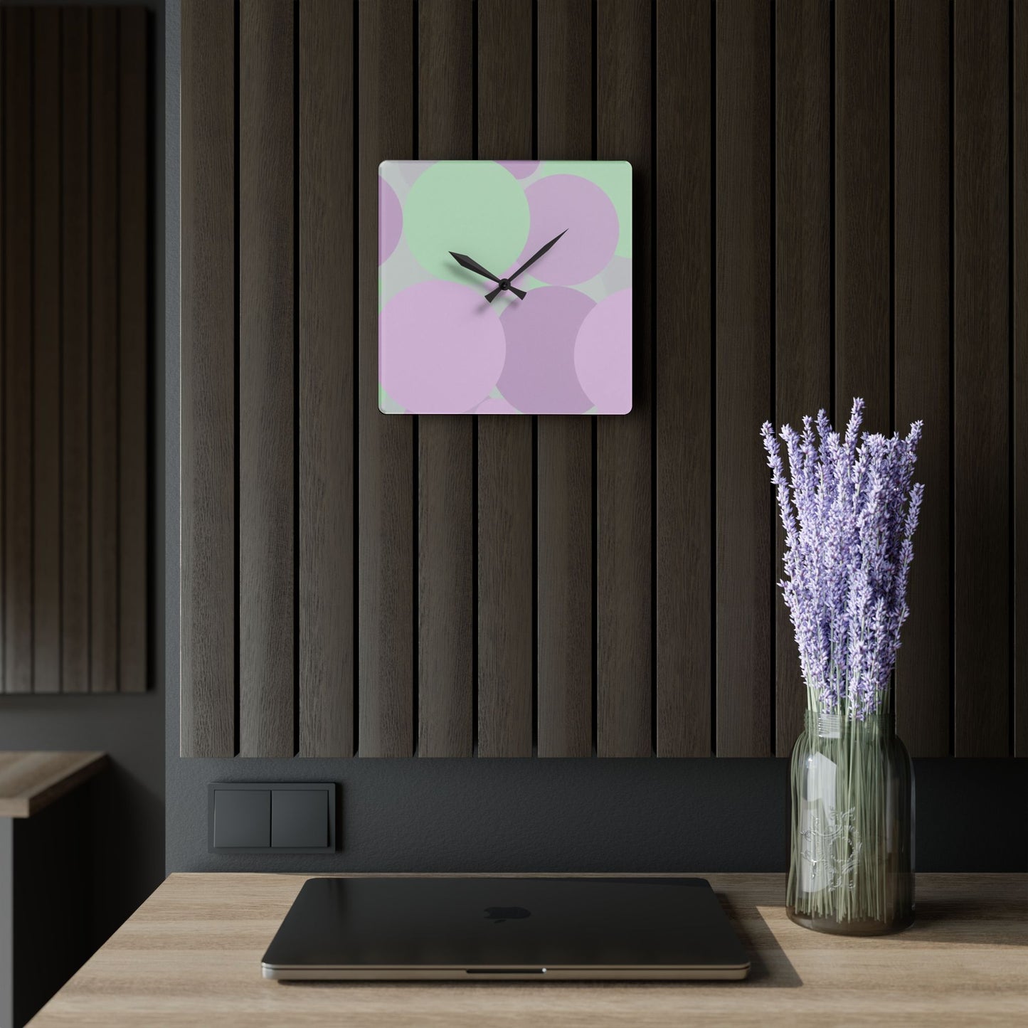 Pastel Lavender Purple and Soft Green Patches Acrylic Wall Clock, Round or Square, 10.75" x 10.75"