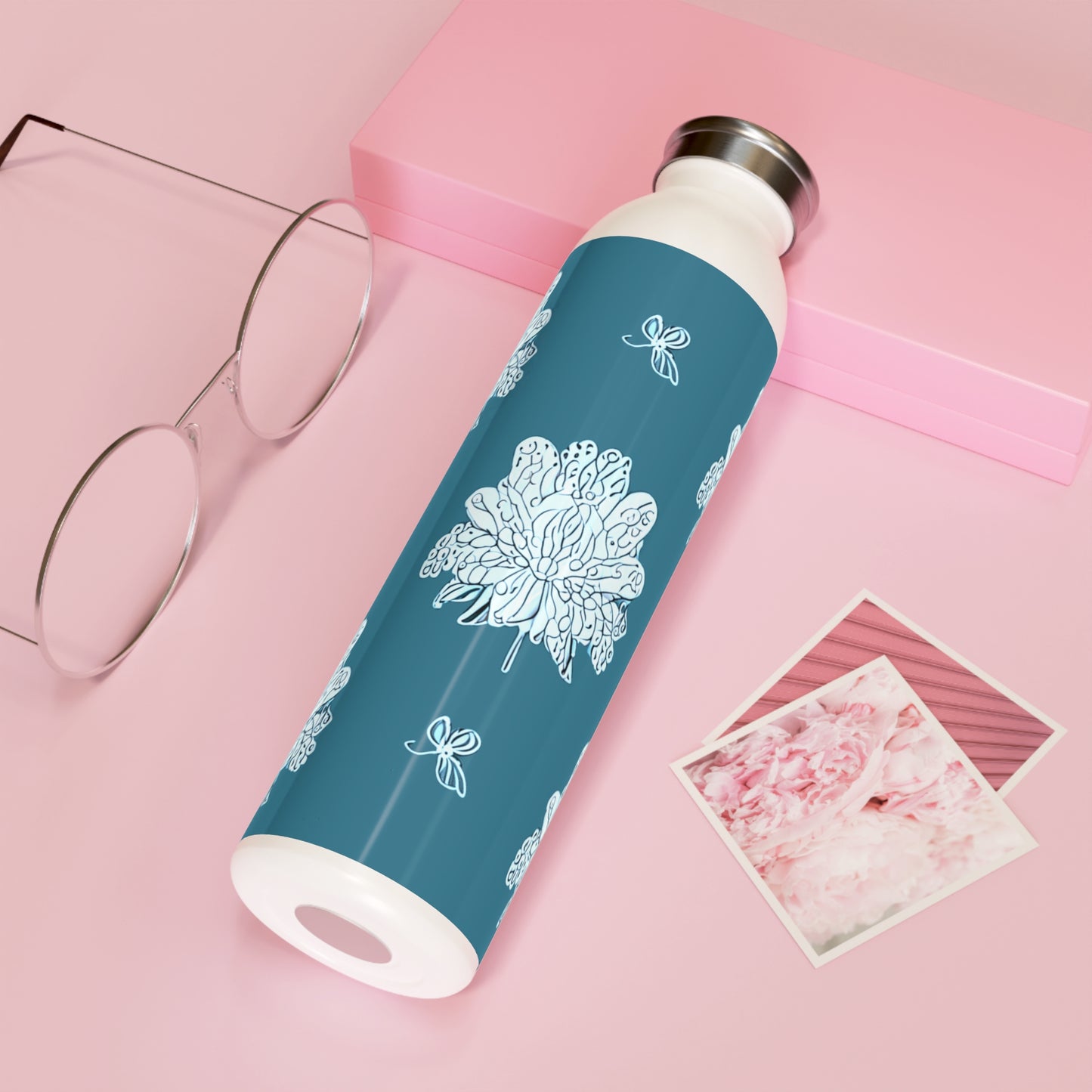 Tif Green White Floral Butterflies Slim Water Bottle, 20 oz White