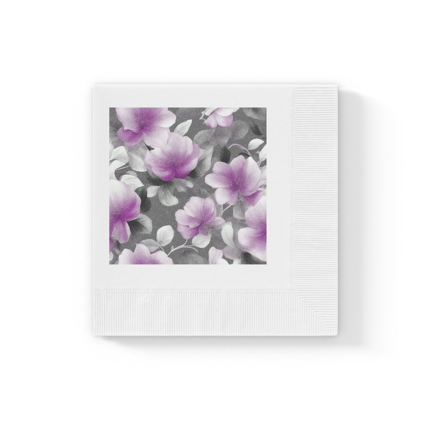 Purple Blossom Floral Bunch White Coined Napkins, 4.8" x 4.8"