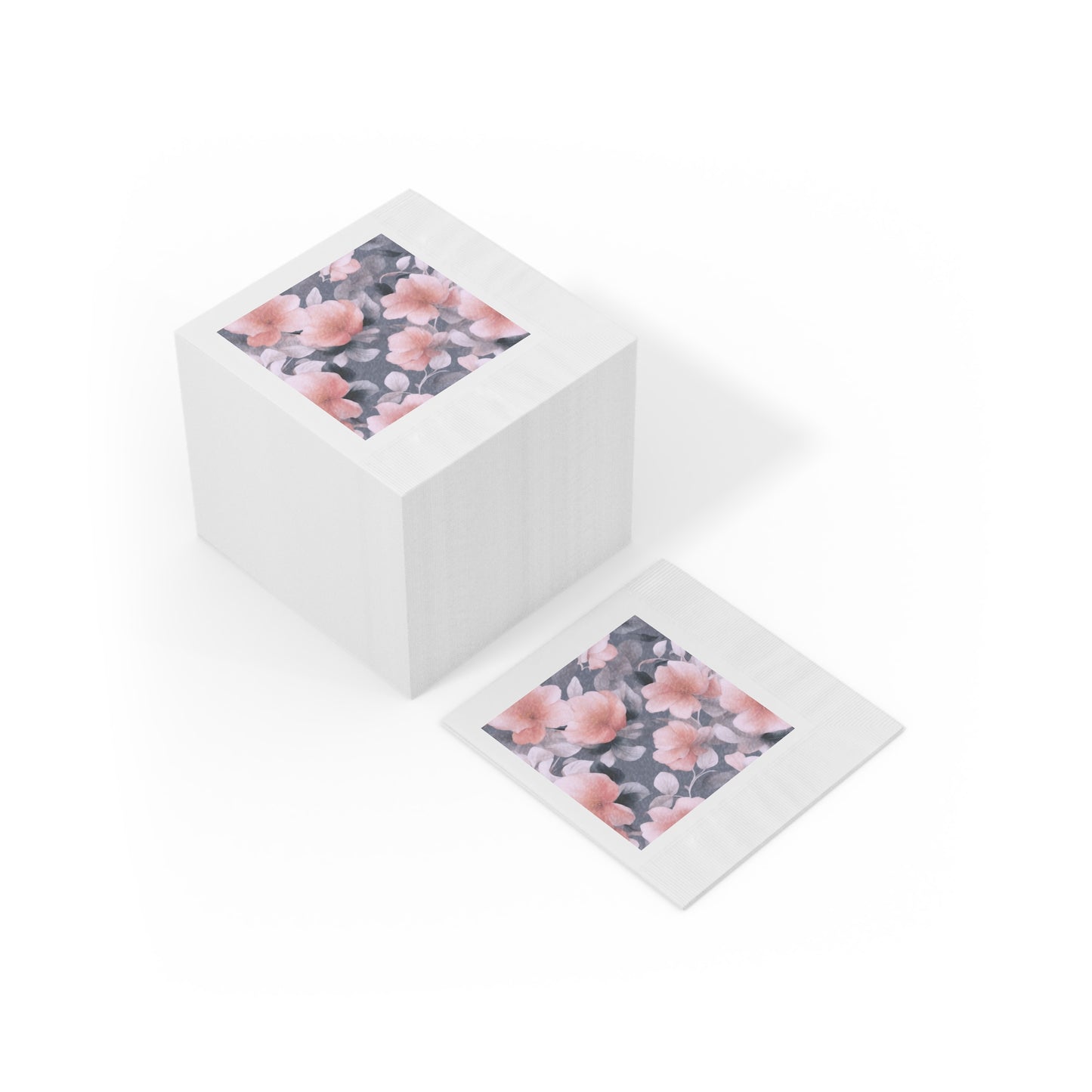 Peach and Blue Gray Floral Bunch White Coined Napkins, 6.5" x 6.5"