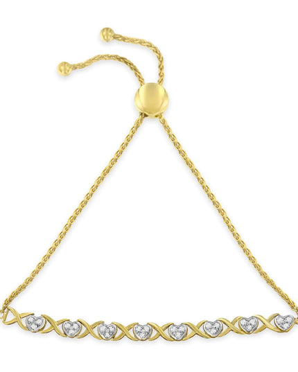 10K Yellow Gold over .925 Sterling Silver 1/10 Cttw Diamond Heart and X-Link 6”-9” Adjustable Bolo Bracelet (H-I Color, I2-I3 Clarity)