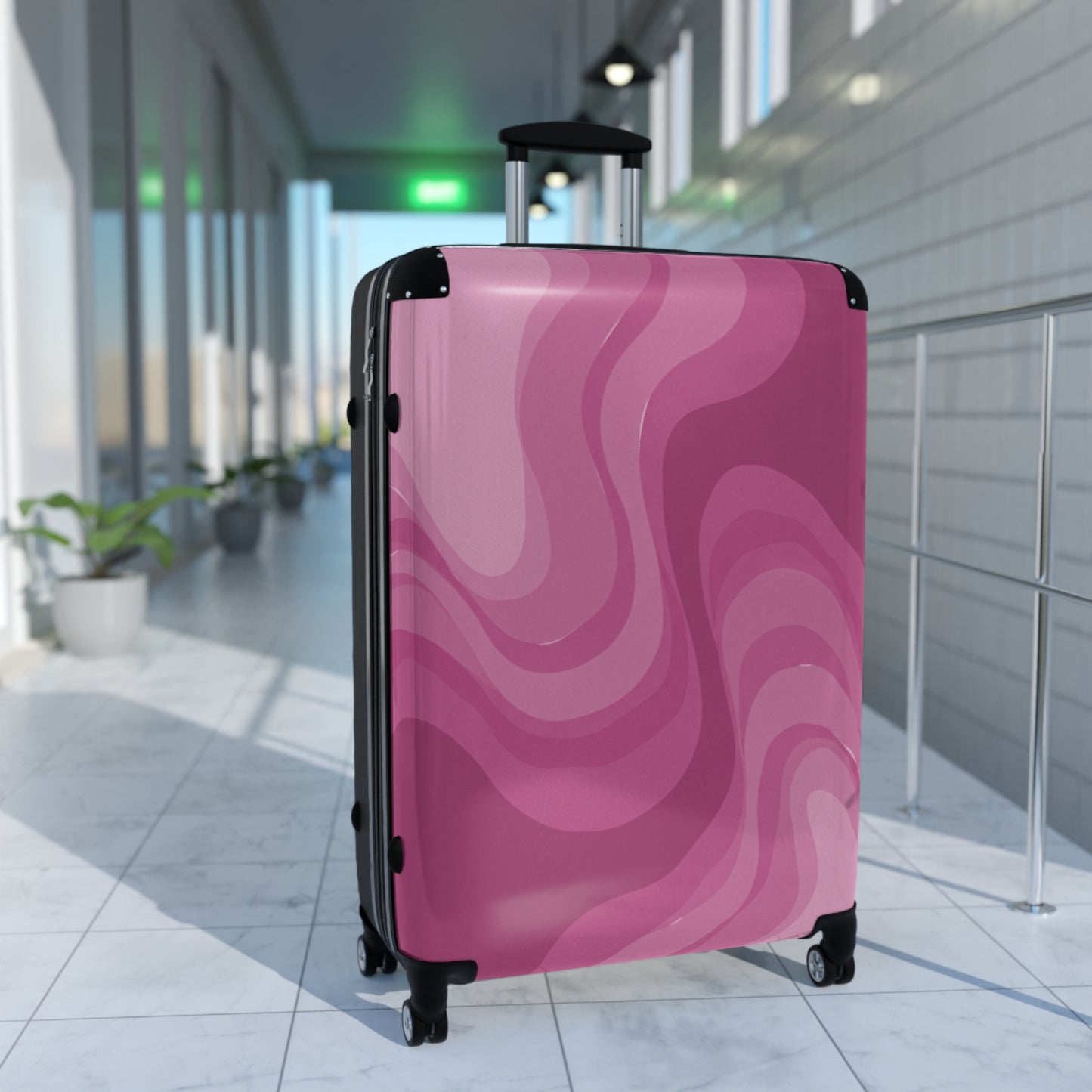 Pinky Mauve Wavey Large Suitcase with built in lock, 4 double-wheels, telescopic handle, and ABS back hard-shell