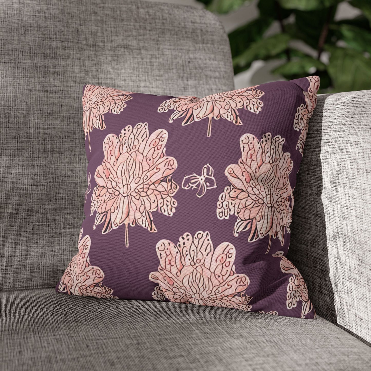 Pink Floral Butterflies Spun Polyester Square Pillowcase, 14" x 14"
