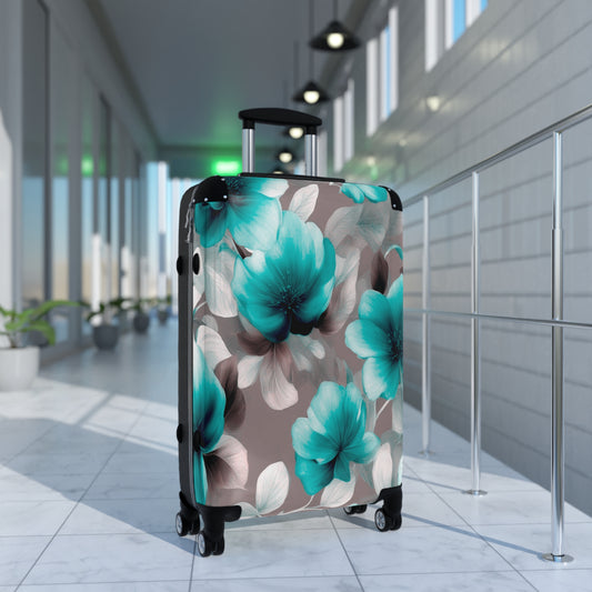 Tif Green Gray Floral Bunch Medium Suitcase with built in lock, 4 double-wheels, telescopic handle, and ABS back hard-shell