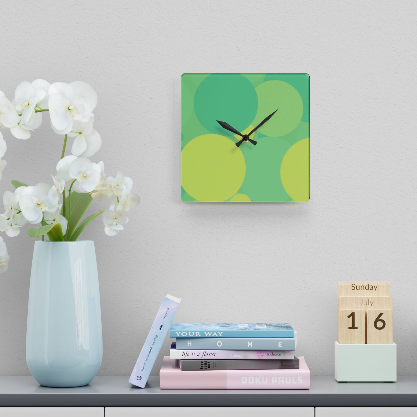 Pastel Green Patches Acrylic Wall Clock, Round or Square, 10.75" x 10.75"