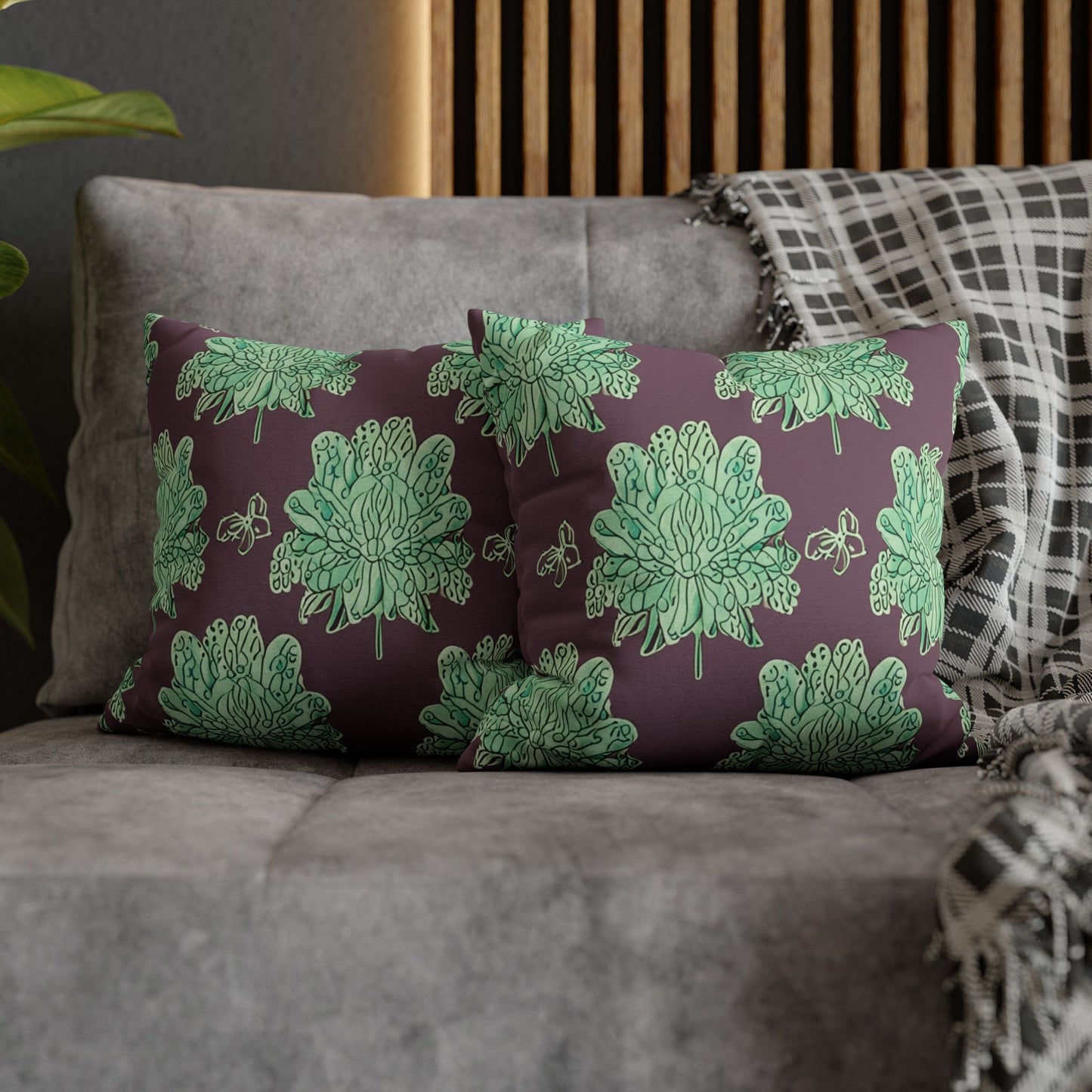 Mint Green Floral Butterflies Spun Polyester Square Pillowcase, 14" x 14"