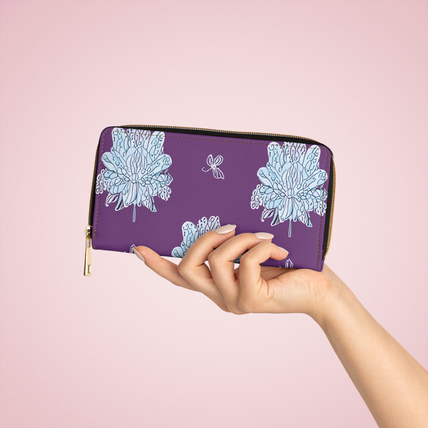 Blue Floral Butterflies Elegant Abstract Zipper Wallet - Stylish & Functional Accessory for Everyday Use