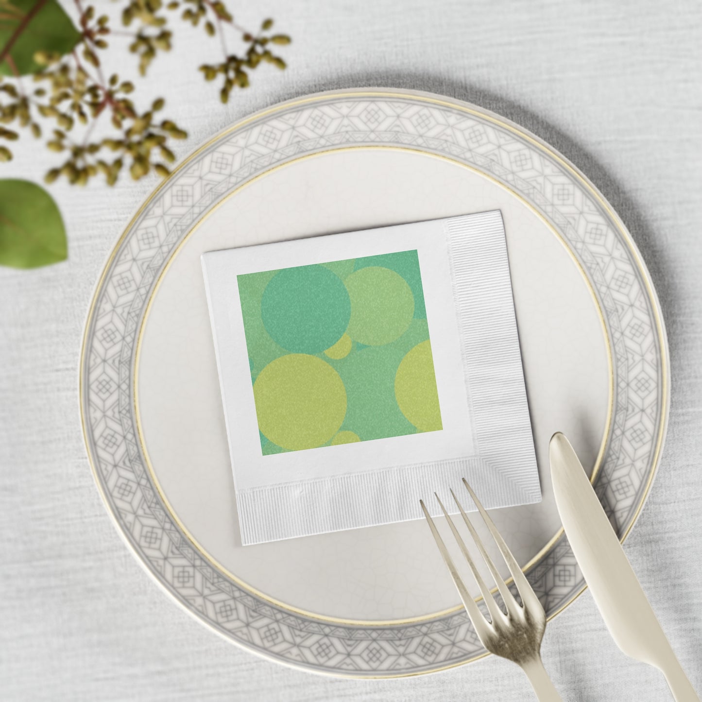 Pastel Green Patches White Coined Napkins, 4.8" x 4.8"