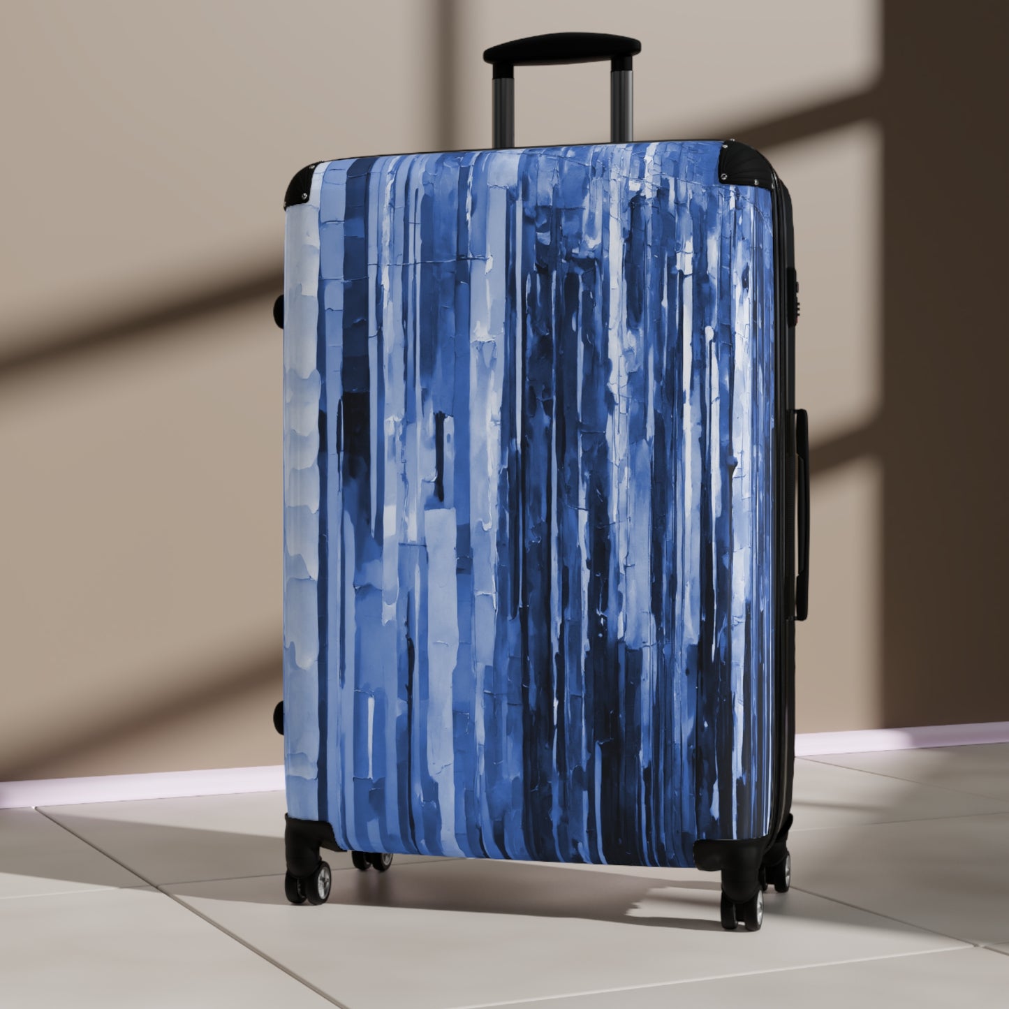 Striped Deep Blue Large Suitcase with built in lock, 4 double-wheels, telescopic handle, and ABS back hard-shell