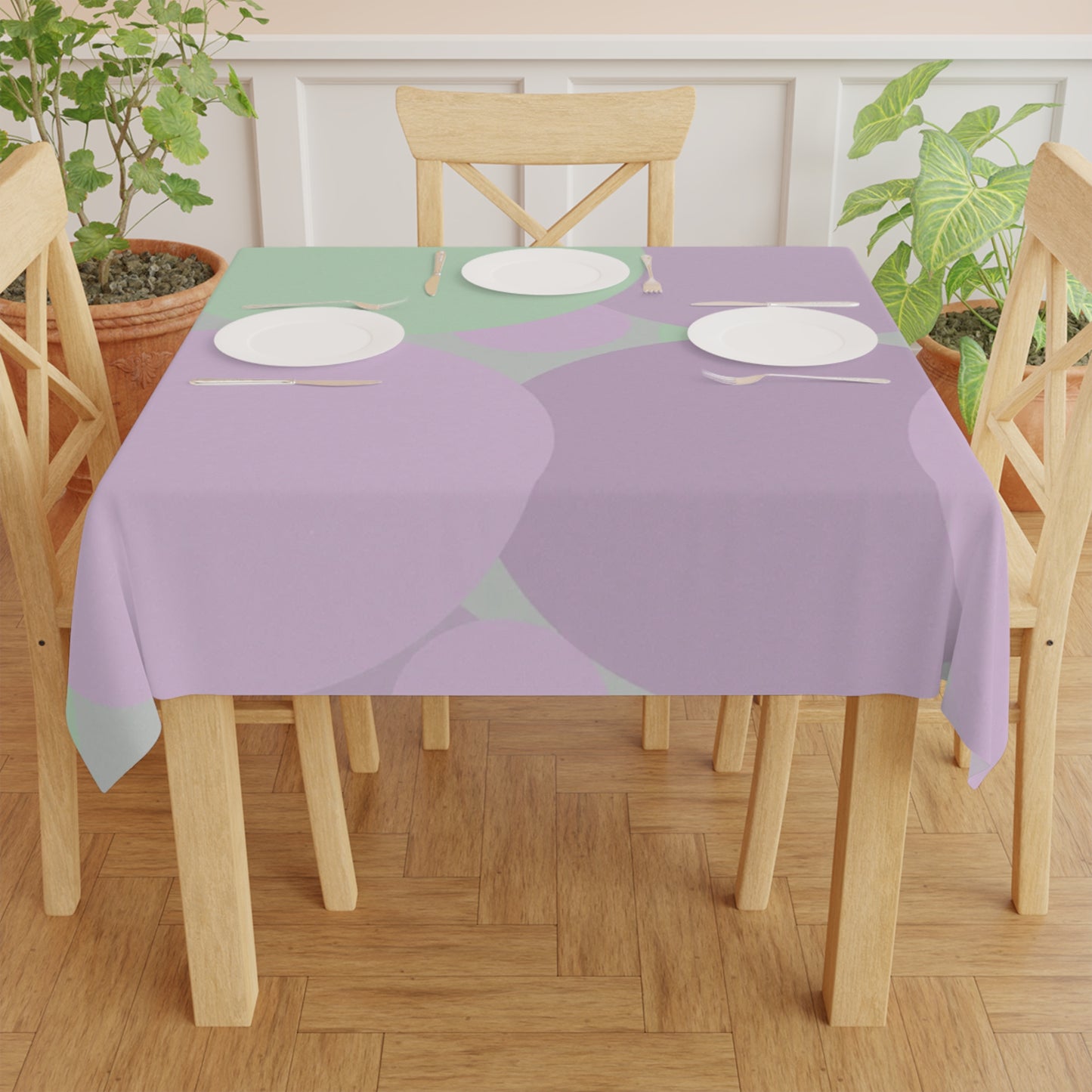 Pastel Lavender Purple and Soft Green Patches Tablecloth, 55" x 55"