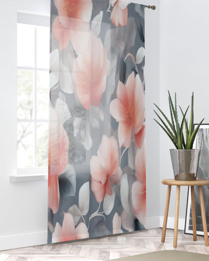Red Blossom Floral Bunch Sheer Window Curtain, 50" x 84", partially transparent