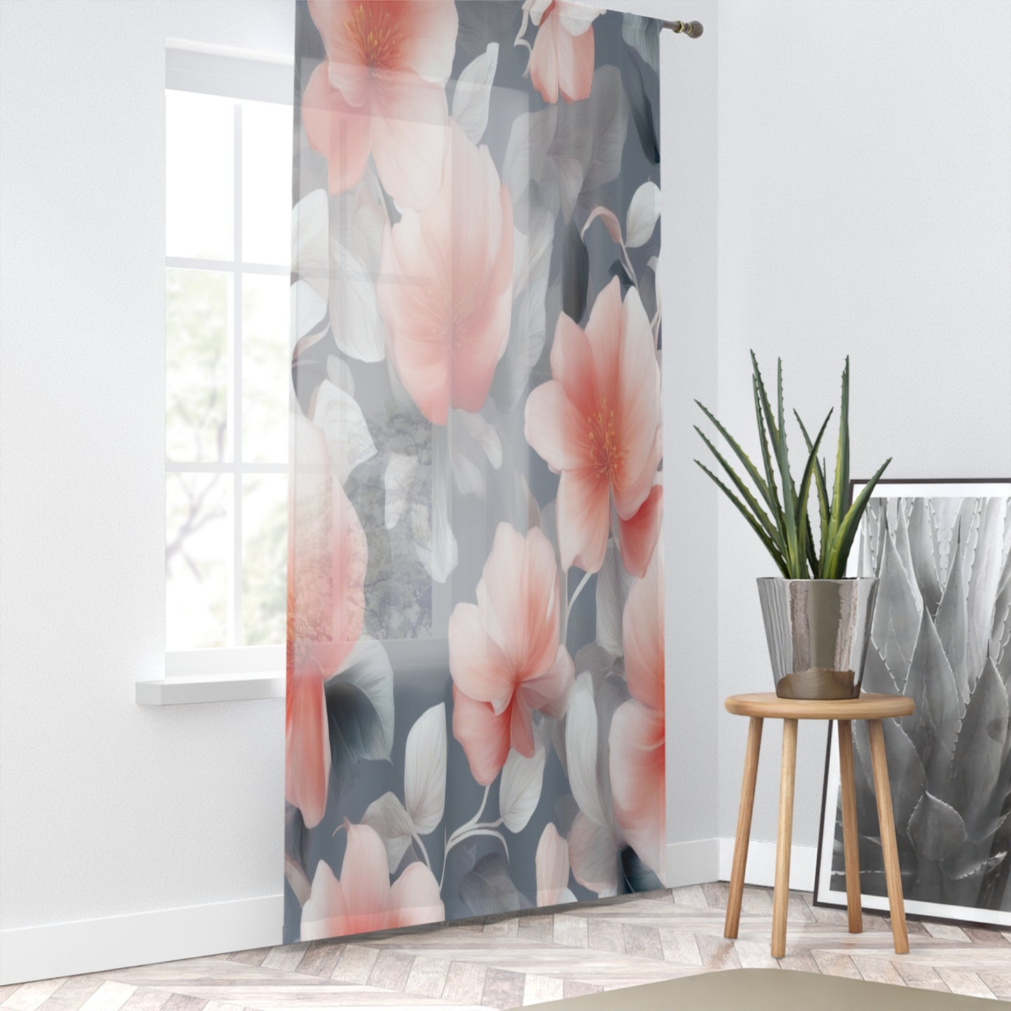 Red Blossom Floral Bunch Sheer Window Curtain, 50" x 84", partially transparent