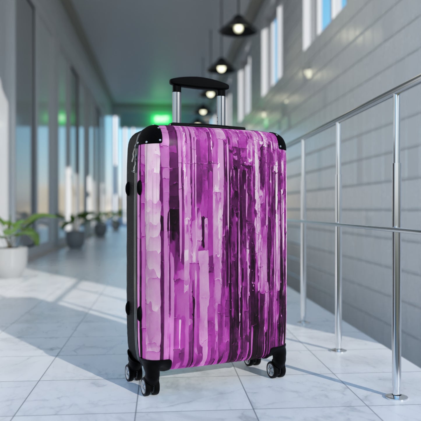 Striped Powder Lavender Medium Suitcase with built in lock, 4 double-wheels, telescopic handle, and ABS back hard-shell
