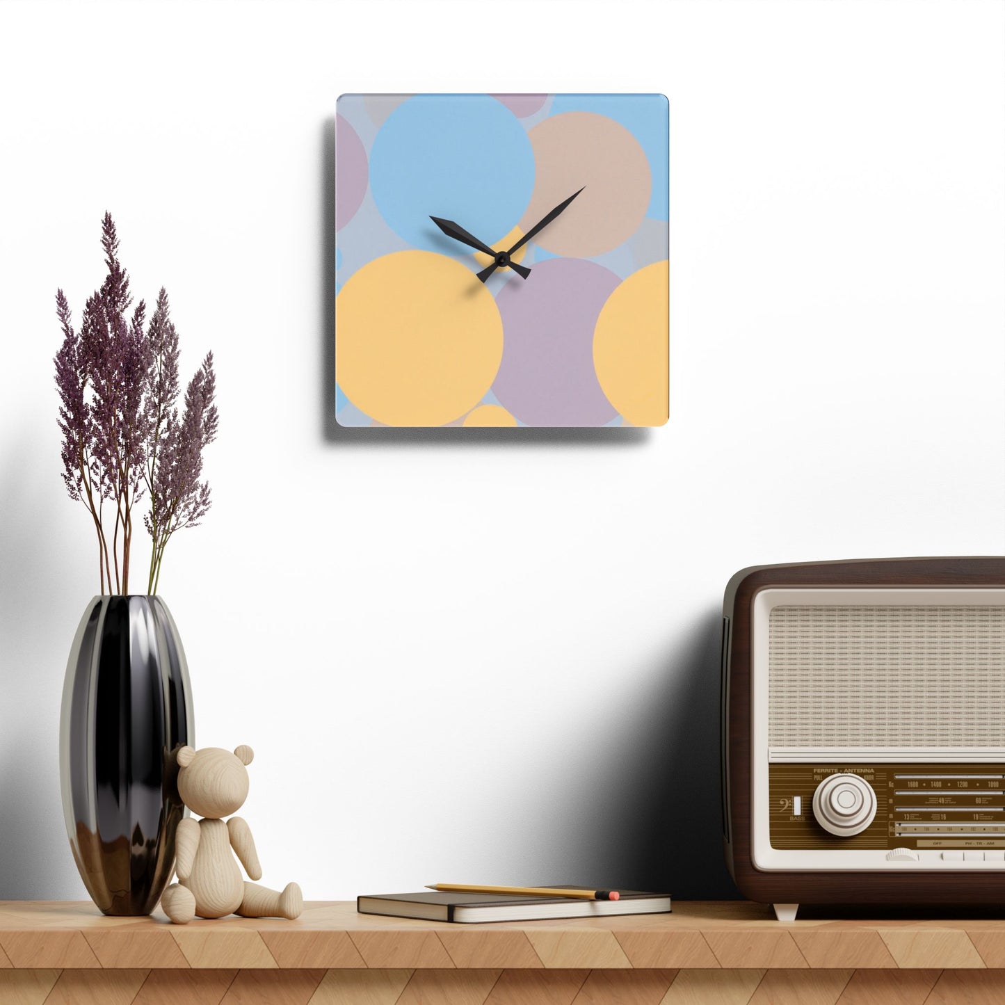 Pastel Baby Blue and Peach Patches Acrylic Wall Clock, Round or Square, 10.75" x 10.75"