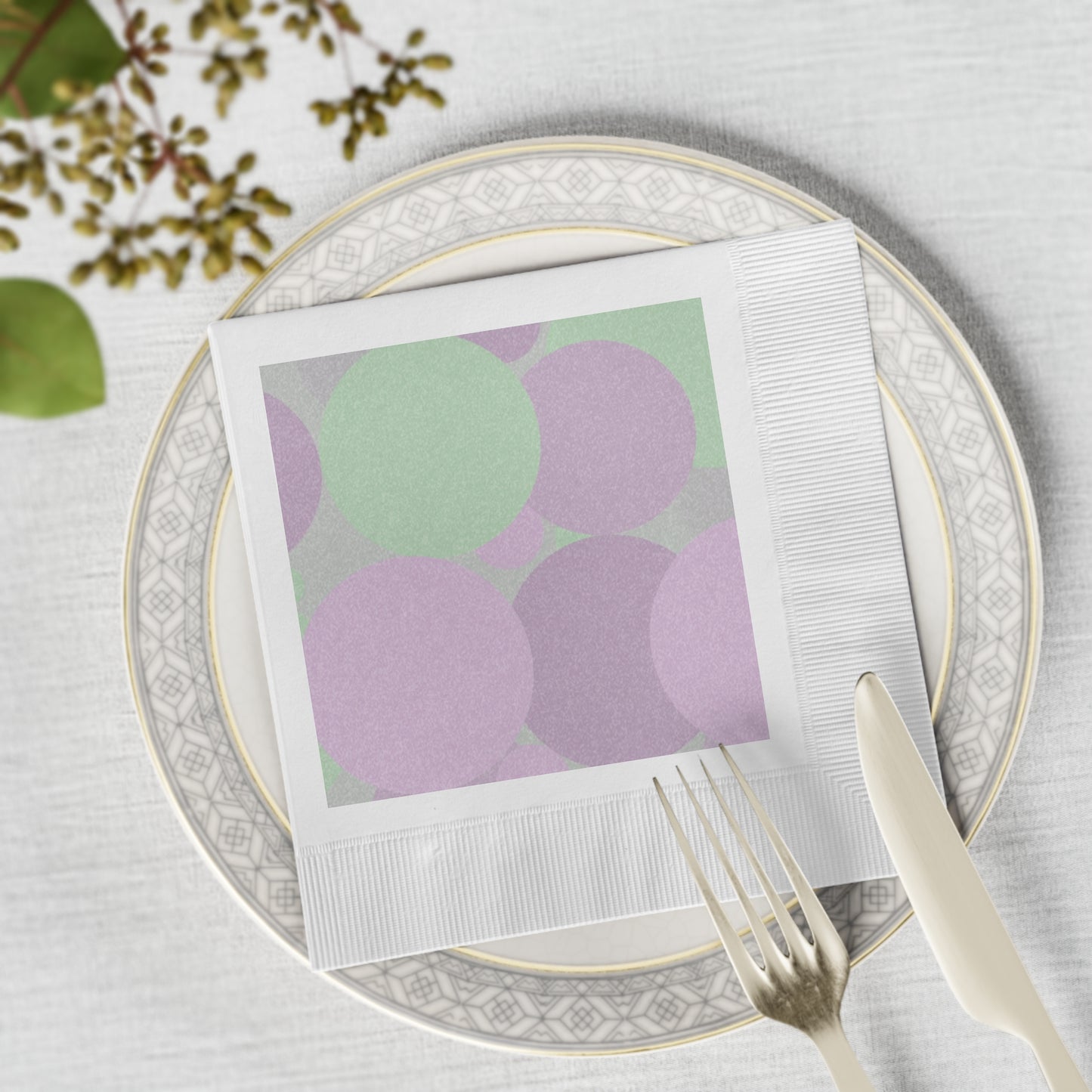 Pastel Lavender Purple and Soft Green Patches White Coined Napkins, 6.5" x 6.5"