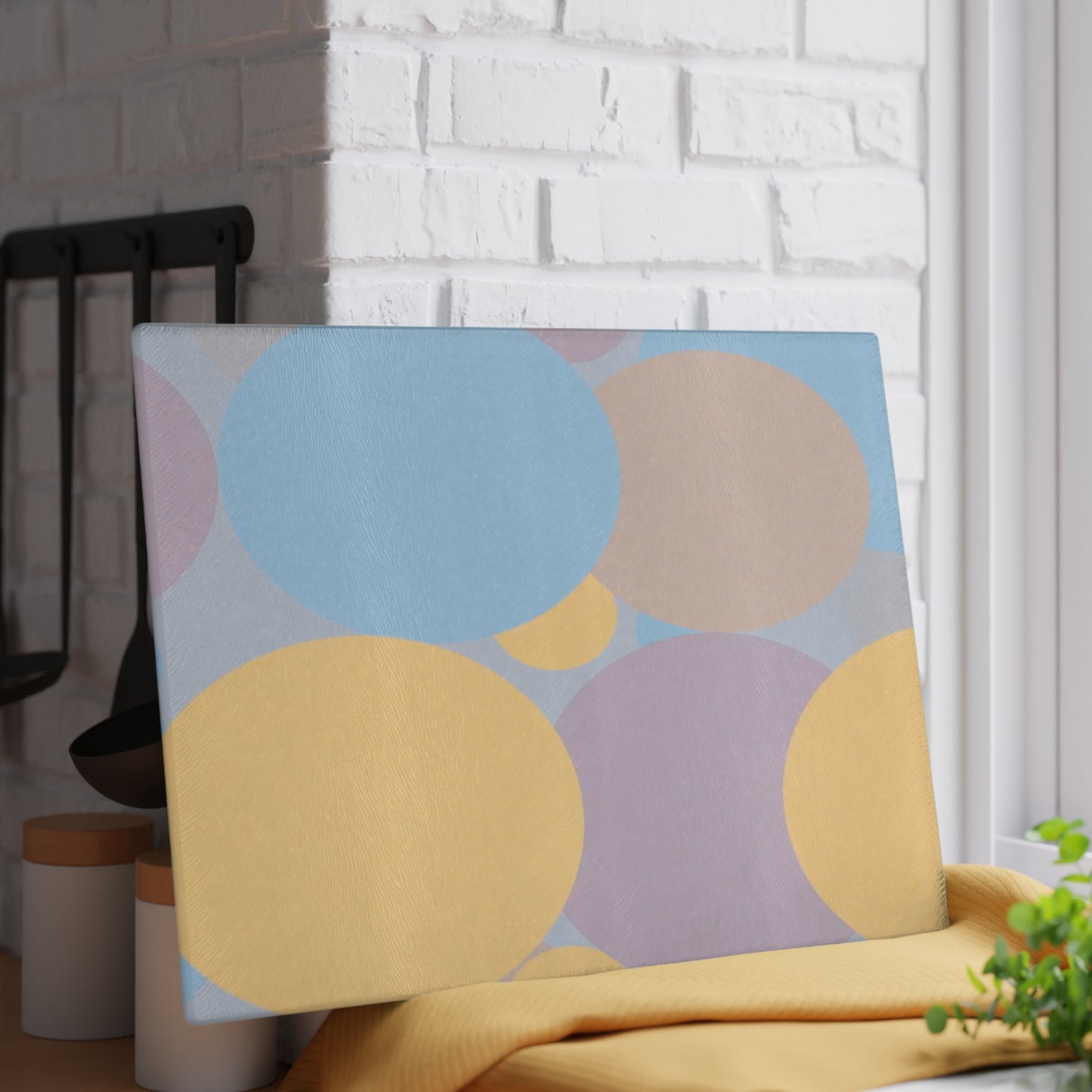 Pastel Baby Blue and Peach Patches 11" x 15" Glass Cutting Board