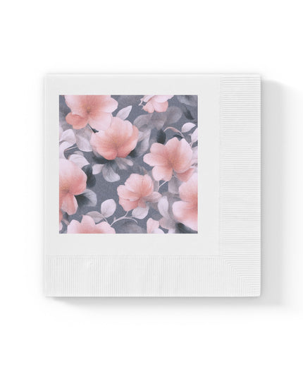 Peach and Blue Gray Floral Bunch White Coined Napkins, 4.8" x 4.8"