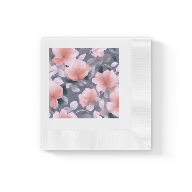 Peach and Blue Gray Floral Bunch White Coined Napkins, 4.8" x 4.8"
