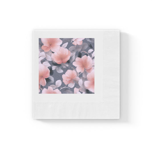 Peach and Blue Gray Floral Bunch White Coined Napkins, 4.8" x 4.8"